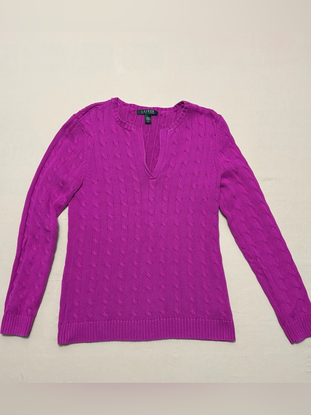 Lauren Ralph Lauren Women's Cable Knit V-Neck Sweater Bright Magenta Size Large